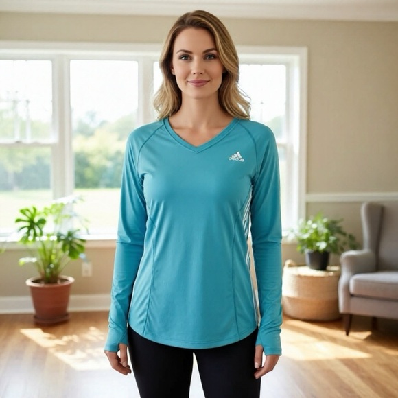 adidas Tops - NWOT. ADIDAS V-Neck Long Sleeve Aqua Blue
